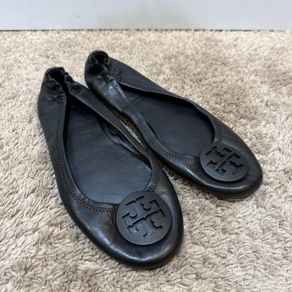 Tory Burch Womens 8.5 Black Leather Ballet Flats Logo Slip On Round Toe Shoes